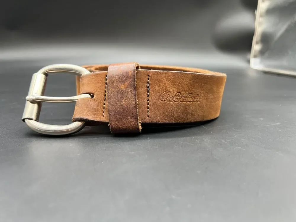 Cabela’s Genuine Leather Belt Brown 38 M 13/16 Silver Tone Buckle USA Made